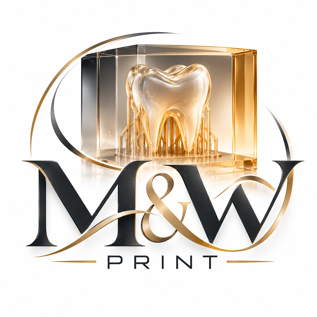 M&W PRINT Logo mit einem goldfarbenen Zahn auf Druckstützen in einem transparenten Resinblock